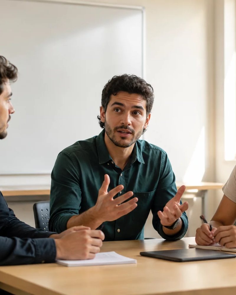 Microfone deitado sobre a mesa, com a roda de participantes fora de foco ao fundo